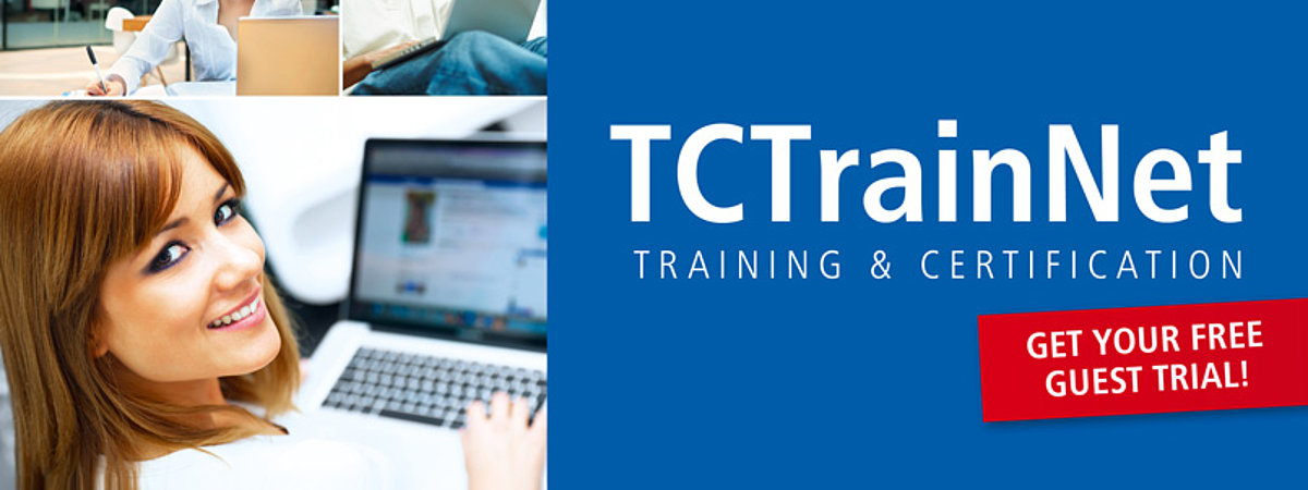 Banner: Linke Bildhälfte: eine junge Frau lacht fröhlich in die Kamera, vor ihr steht ein Laptop. Rechte Bildhälfte: TCTrainNet steht weiß auf blauem Grund. 