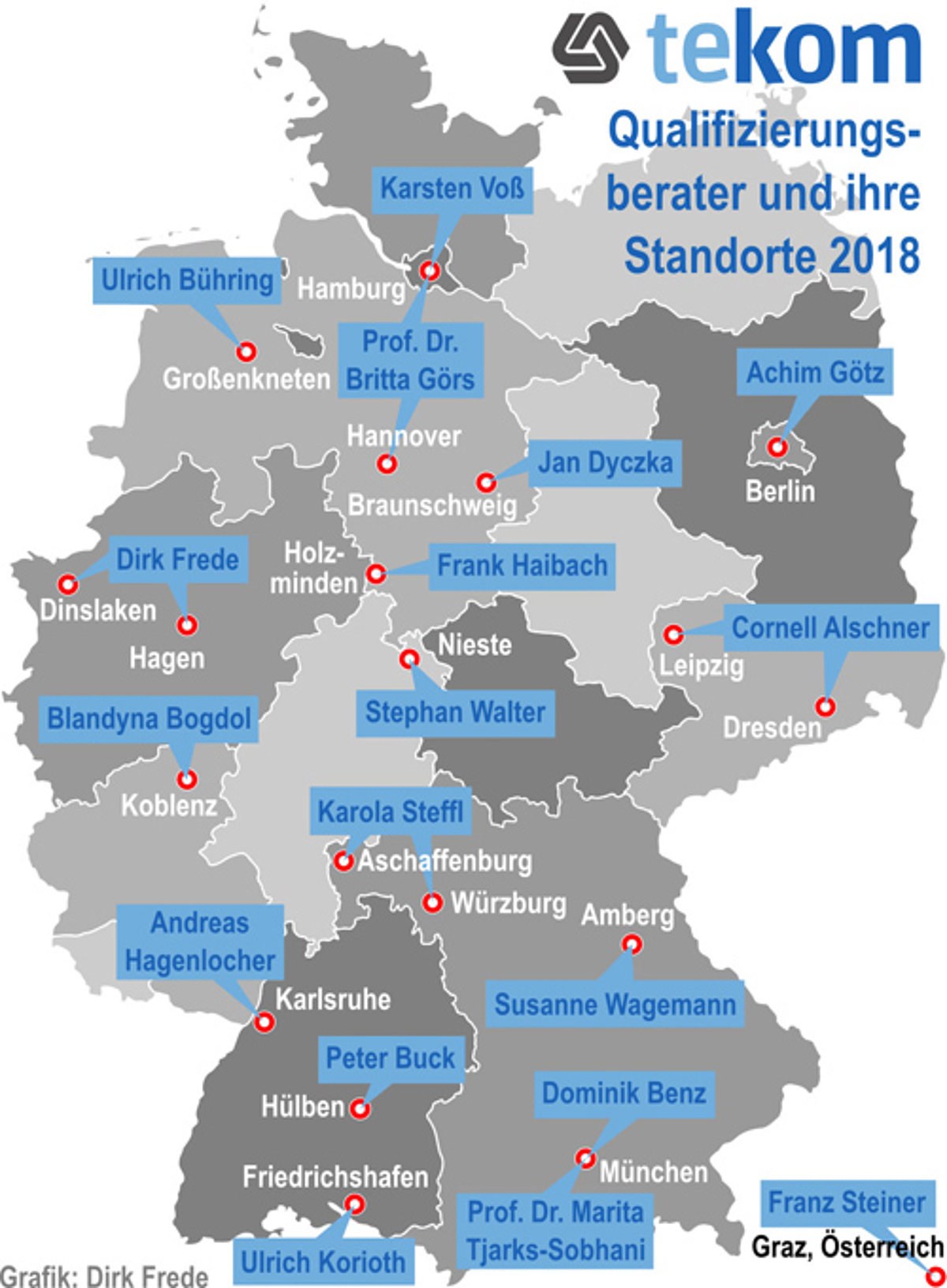 Quali-Map Landkarte mit Standort der Qualifizierungsberater der tekom 2018